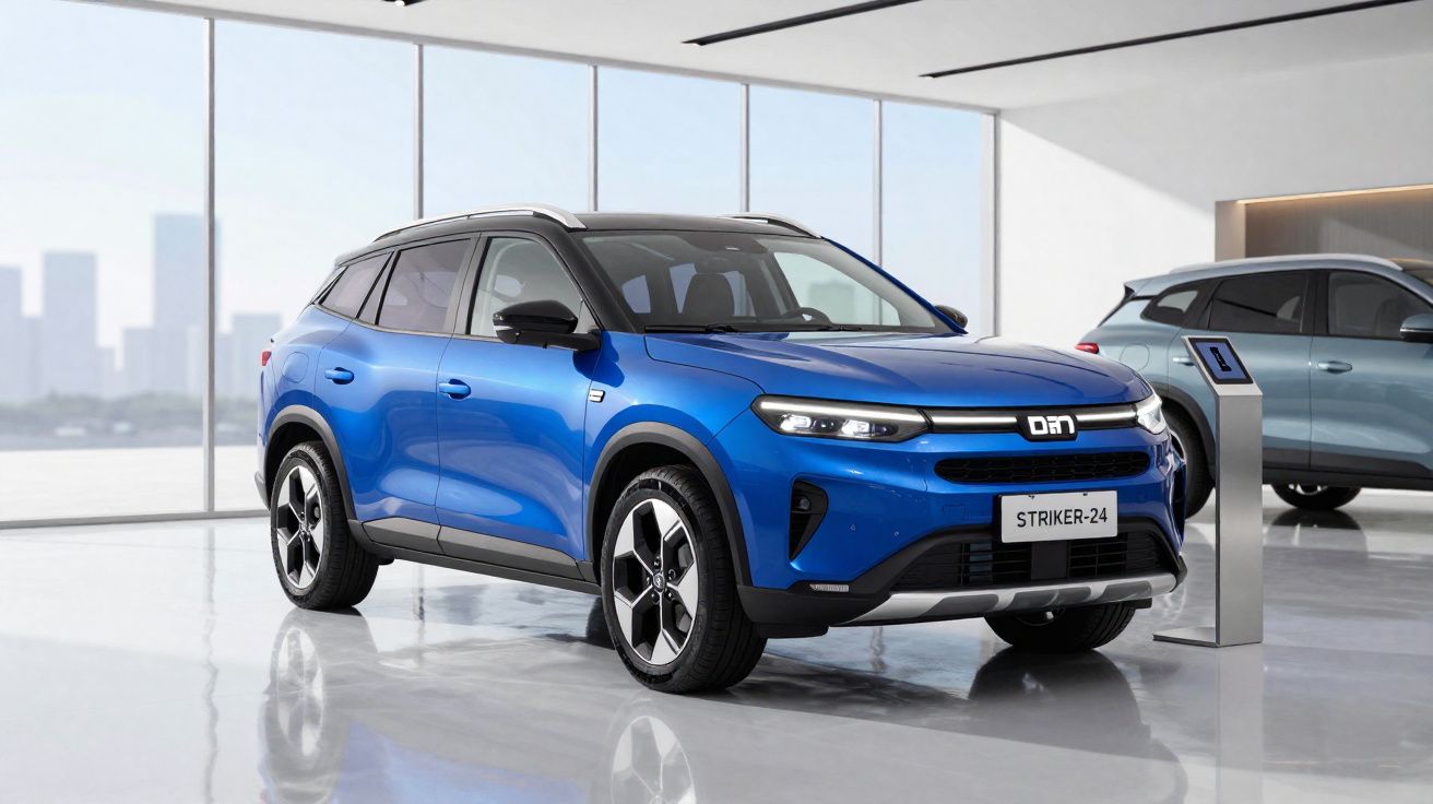 Blauer ON Striker-24 SUV in modernem Autohaus mit großen Fenstern und grafischer Stadtansicht.