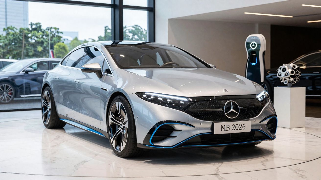 Silberner Mercedes-Benz Elektroauto mit Ladegerät im modernen Showroom, Modell 2026.
