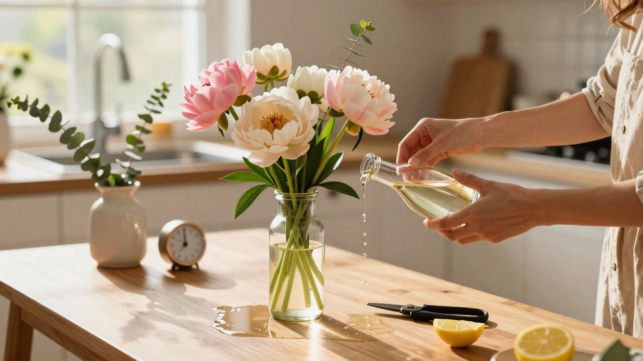 Frau gießt Wasser in eine Vase mit Pfingstrosen auf einem Küchentisch mit Zitrone und Schere.