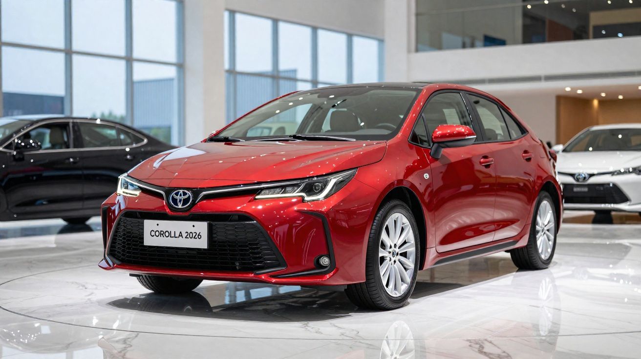 Roter Toyota Corolla 2026 in einem hellen Autohaus, im Vordergrund frontal seitlich sichtbar.
