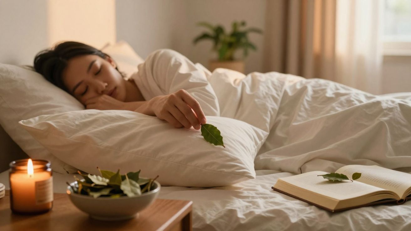 Frau schläft im Bett, hält grünes Blatt, neben Kerze, Schale mit Blättern und geöffnetem Buch auf weißer Bettwäsche.