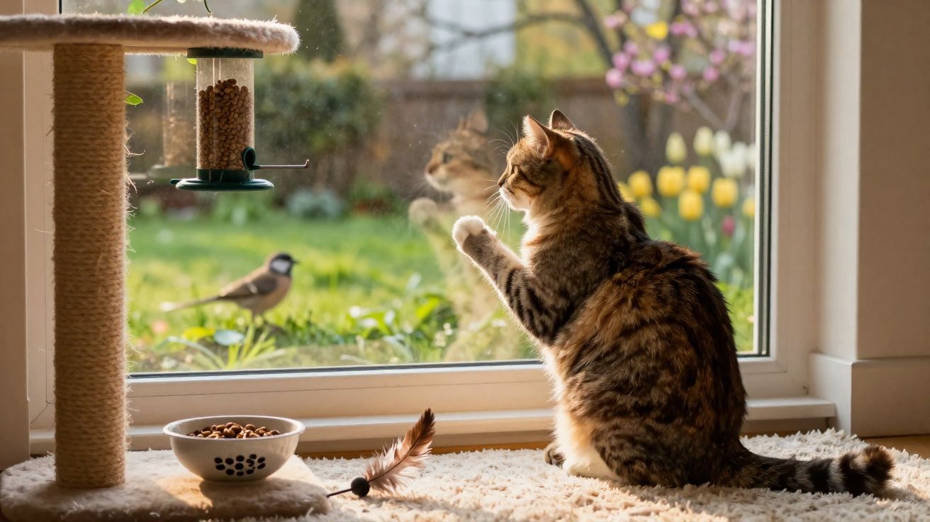 Katze sitzt am Fenster und beobachtet einen Vogel an einem Futterspender im Garten an einem sonnigen Tag.
