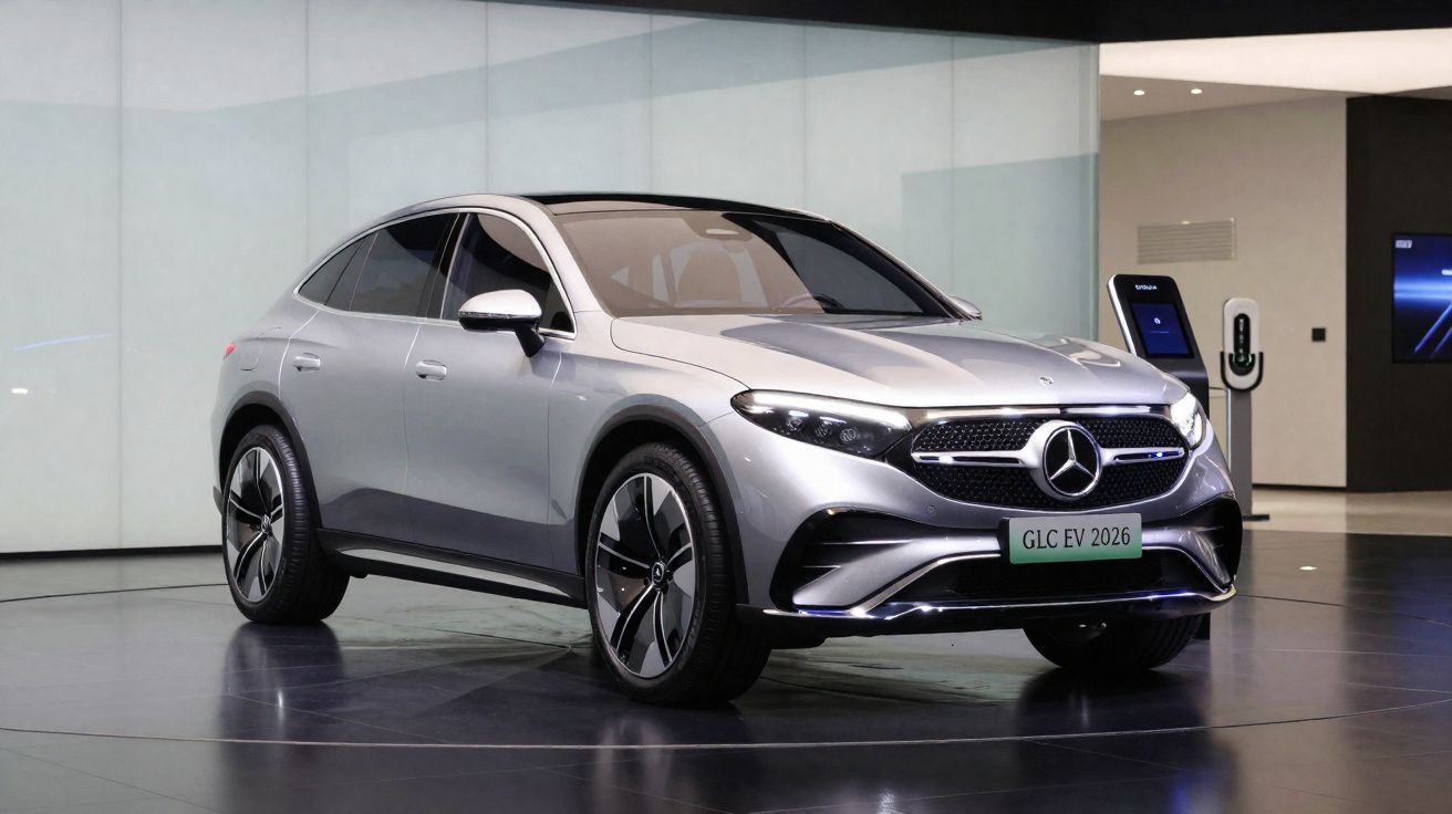 Silberner Mercedes-Benz GLC EV 2026 Elektro-SUV in moderner Ausstellung mit Ladestation im Hintergrund.