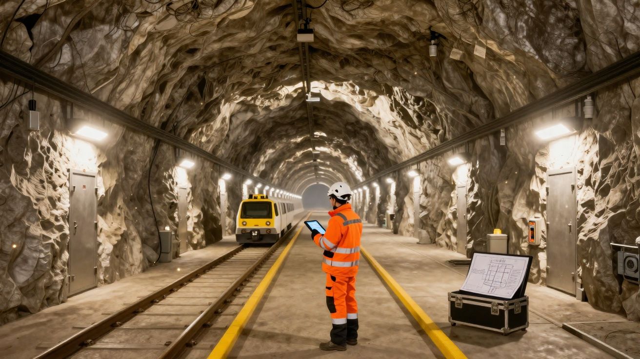 Ingenieur in oranger Schutzkleidung mit Tablet in einem beleuchteten Tunnel neben einer kleinen Bahn.