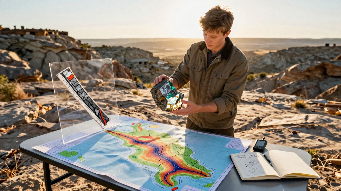 Mann untersucht Gesteinsprobe neben geologischer Karte auf Felsenplateau bei Sonnenuntergang.
