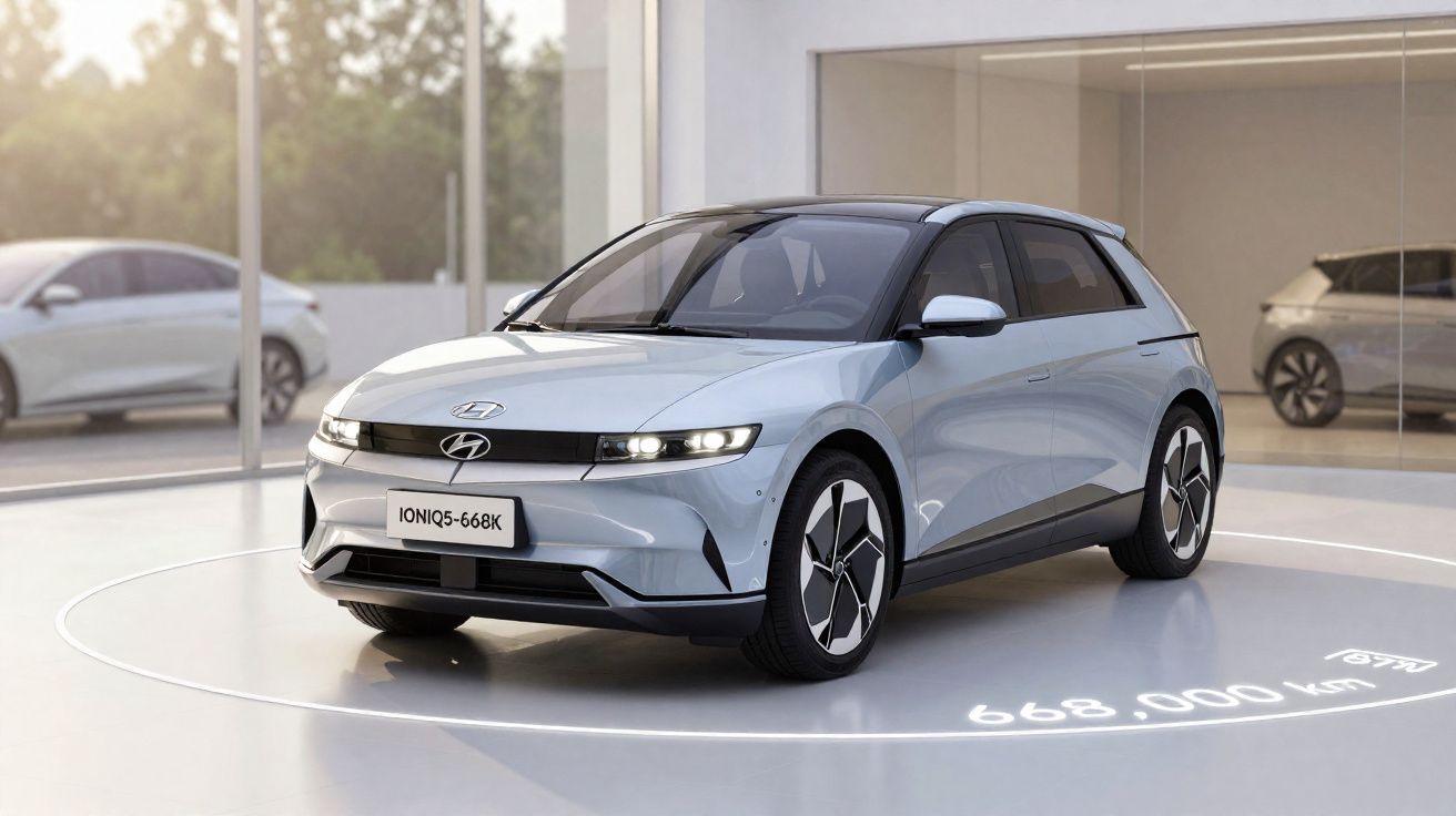 Hellgrauer Hyundai Ioniq 5 Elektroauto in modernem Ausstellungsraum mit reflektierendem Boden und Glaswänden.