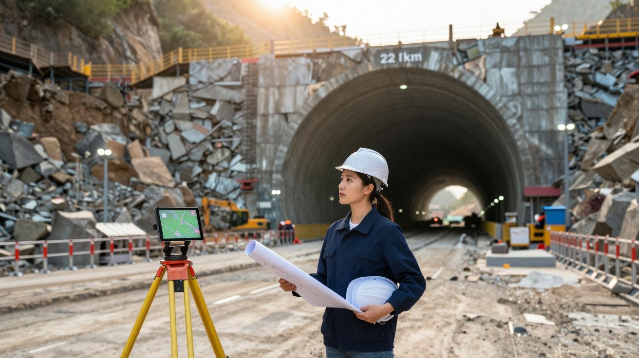 Ingenieurin mit Bauhelm und Plänen vor Tunnelbaustelle mit Vermessungsgerät bei Sonnenuntergang.