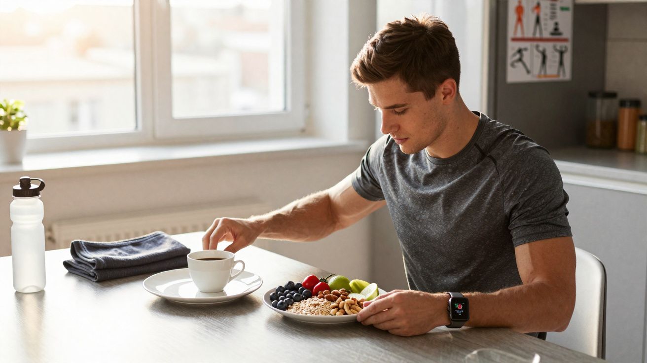 Junger Mann mit Sportuhr isst Früchte und Nüsse zu Hause am Tisch bei Tageslicht.