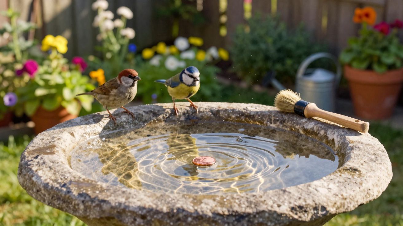 Zwei Vögel an einem steinernen Vogelbad im Garten mit bunten Blumen und Gartengeräten im Hintergrund.