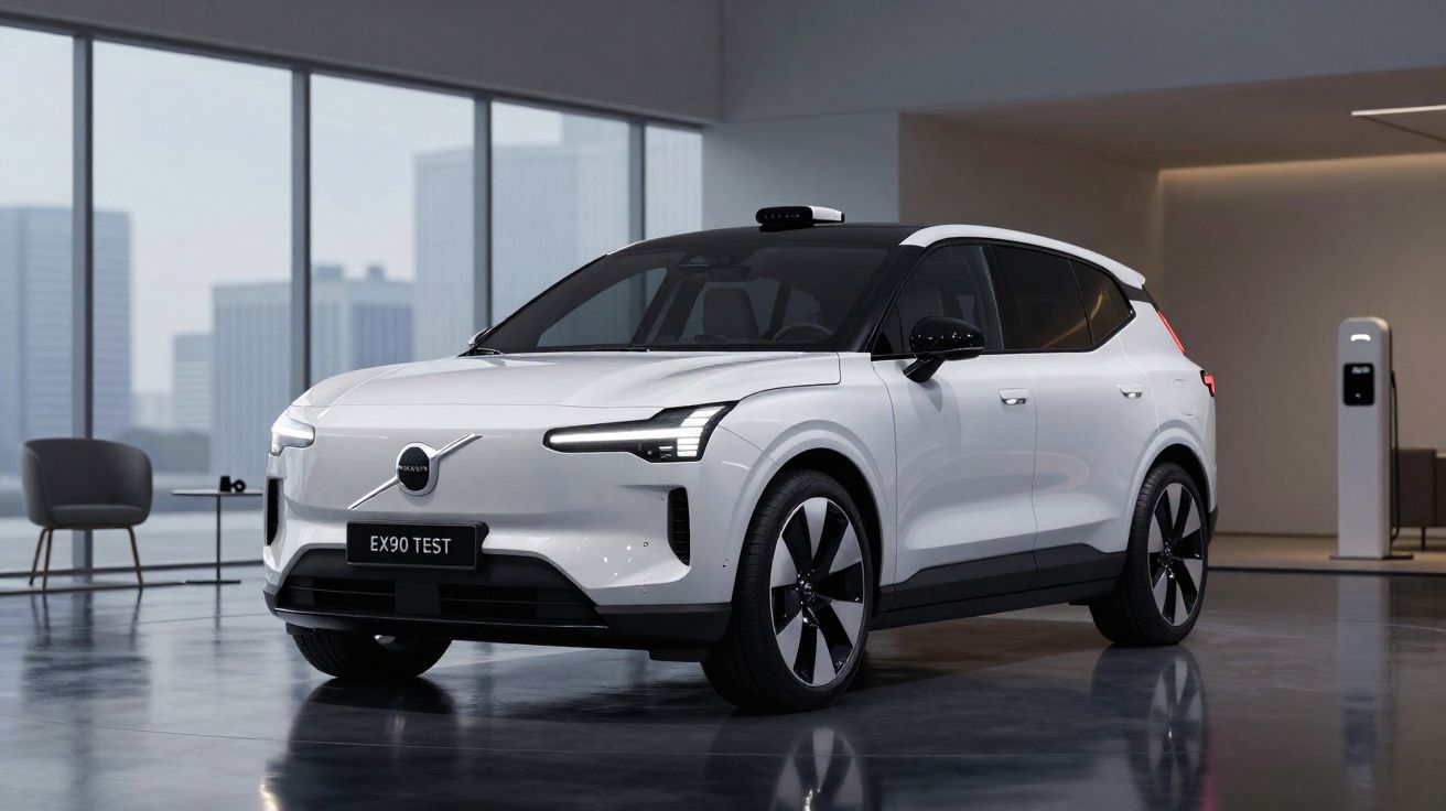 Weißes Volvo EX90 Elektro-SUV in modernem, hellem Innenraum mit großer Fensterfront und Ladestation im Hintergrund