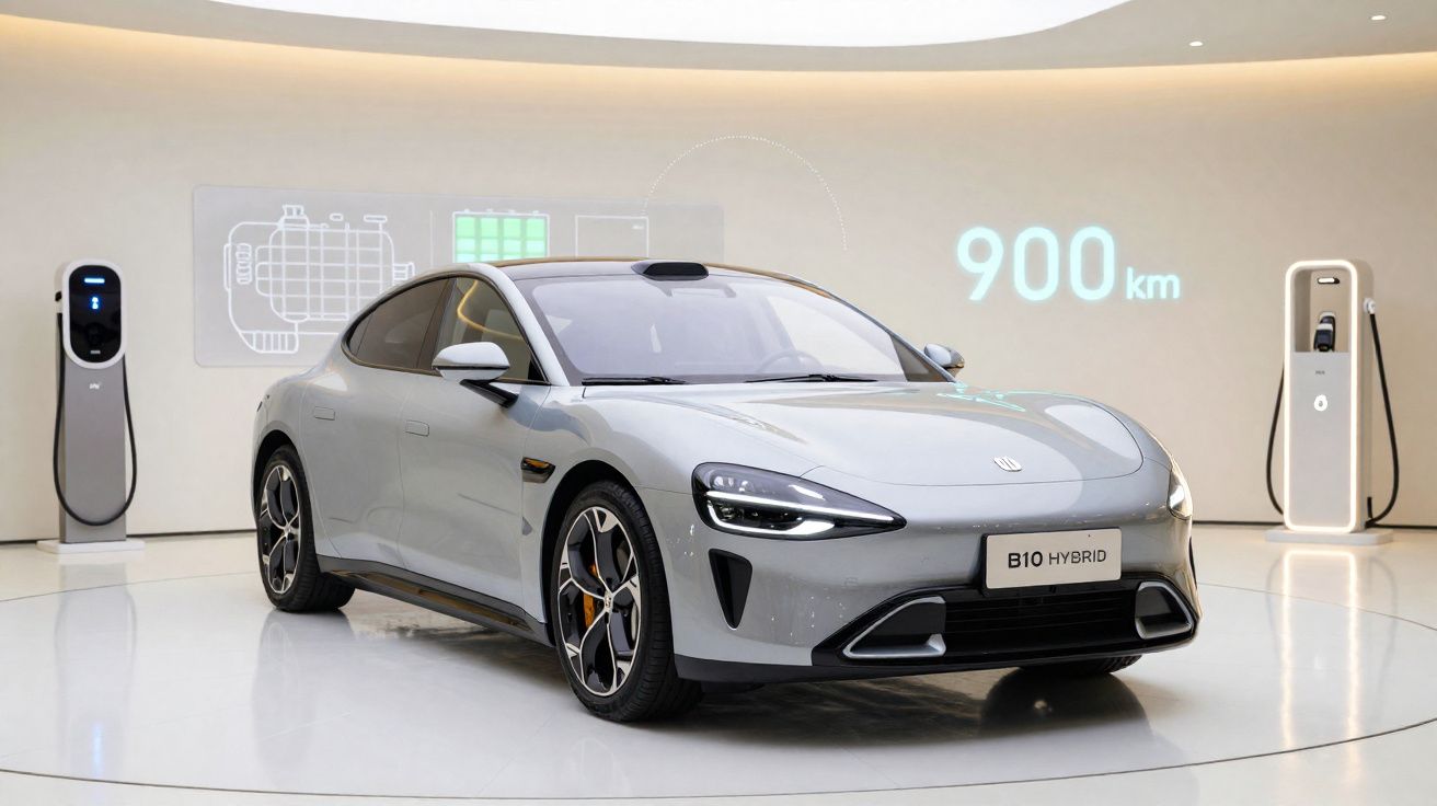 Silbernes Hybridauto B10 in modernem Showroom mit Ladestationen und Reichweitenanzeige von 900 Kilometern.