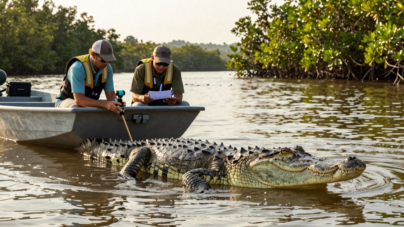 Zwei Männer im Boot messen und notieren Daten an einem großen Alligator im Wasser nahe Mangroven.