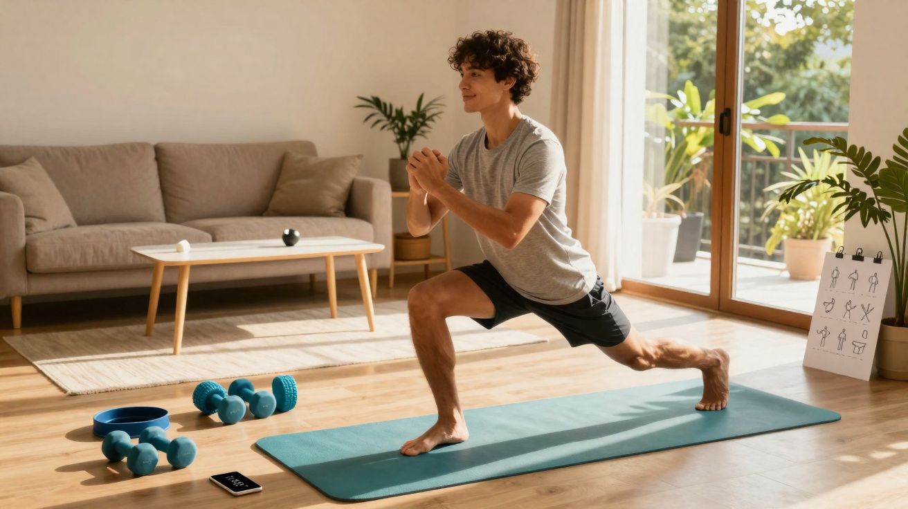 Junger Mann macht Ausfallschritte auf Yoga-Matte im hellen Wohnzimmer mit Hanteln und Pflanzen.