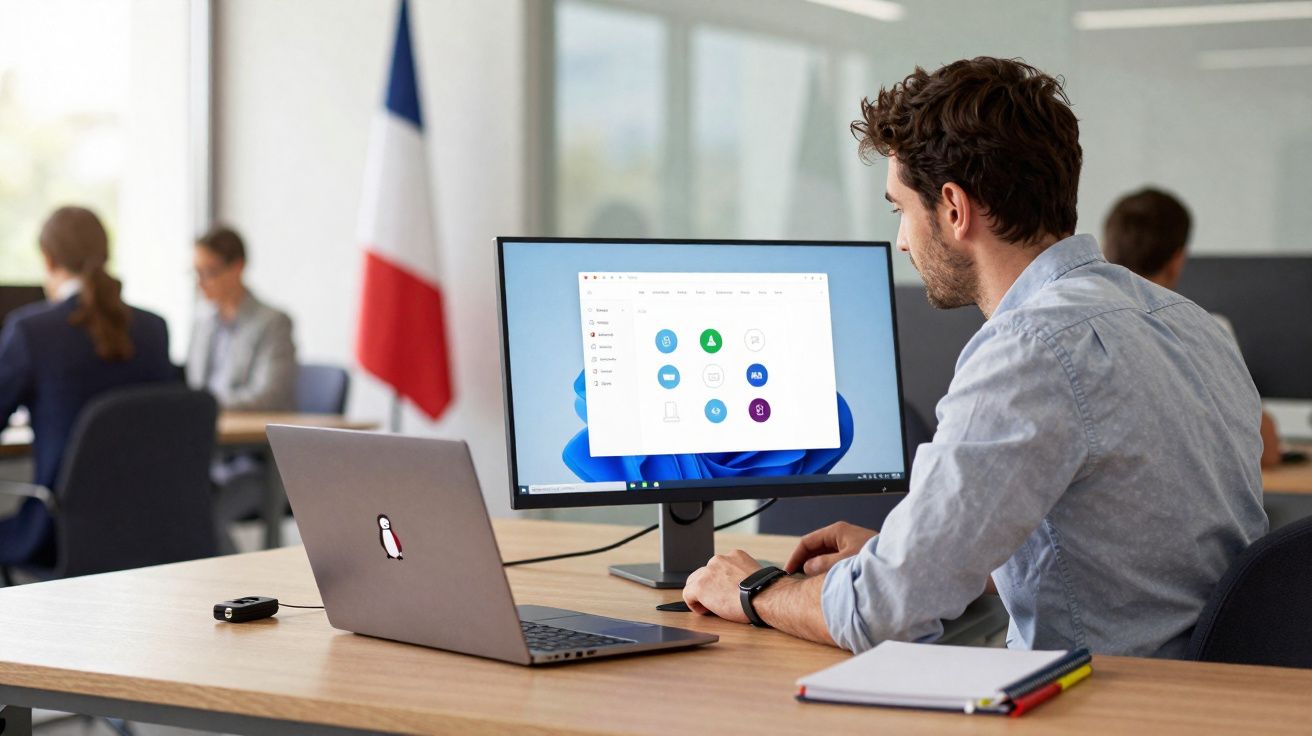Mann arbeitet am Schreibtisch mit Laptop und großem Monitor, im Hintergrund zwei Personen und französische Flagge.