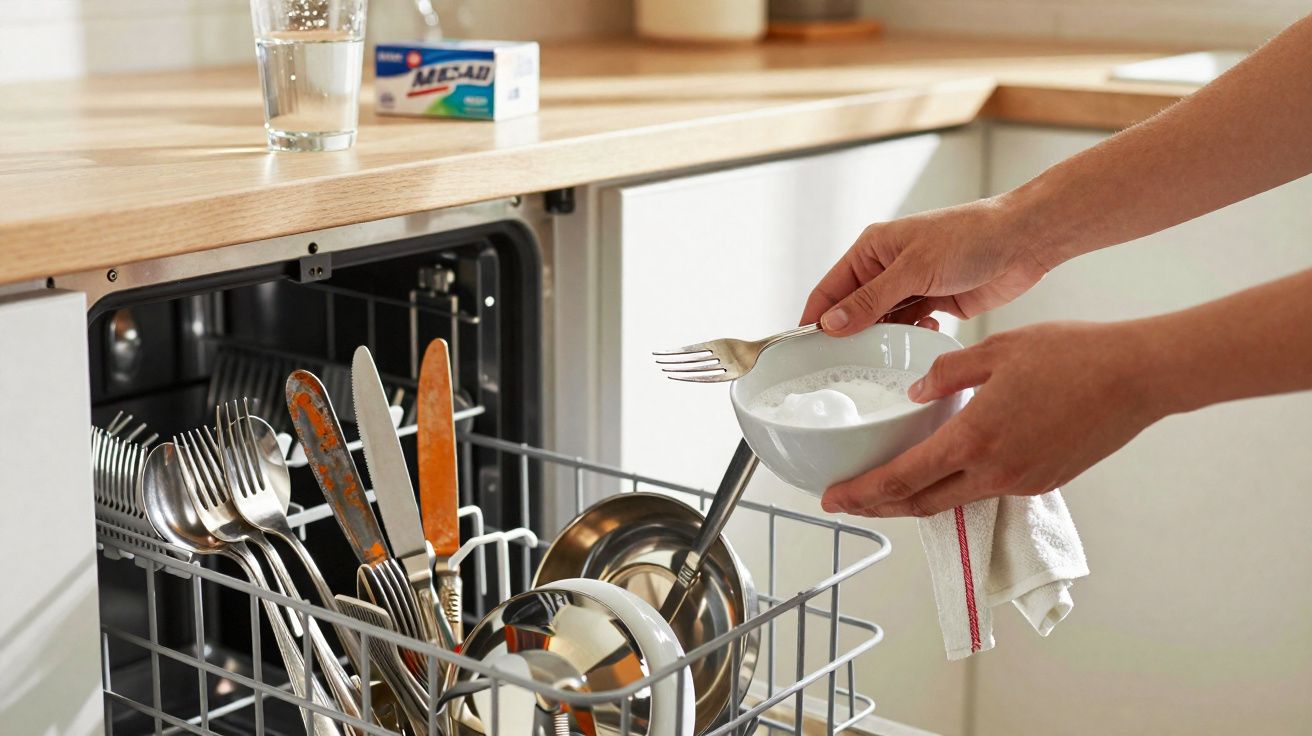 Person hält Gabel über Schüssel mit Spülmittelpulver neben geöffneter Spülmaschine in moderner Küche.