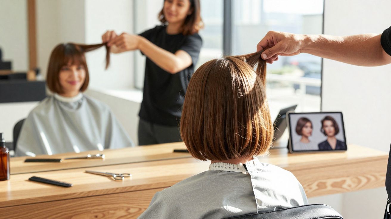 Friseurin hält Strähne einer Kundin mit kurzem Bob im Salon vor Spiegel und Tablet mit Frisurvorschlägen.