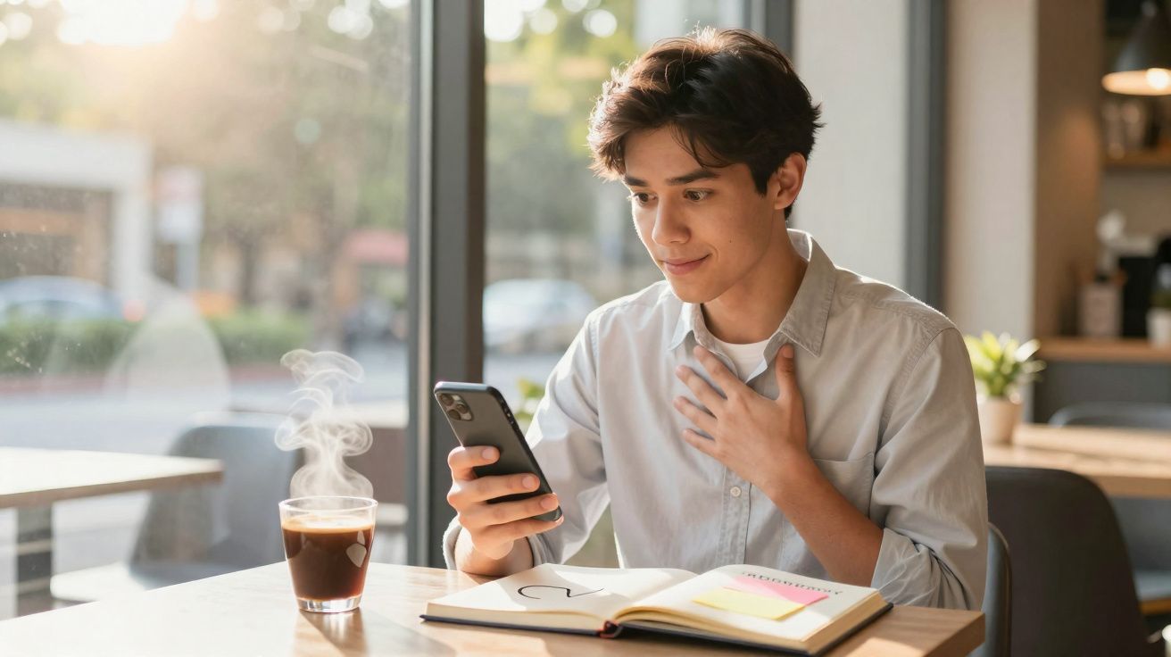 Junger Mann liest auf dem Smartphone, sitzt im Café mit offenem Notizbuch und dampfendem Kaffee am Tisch.