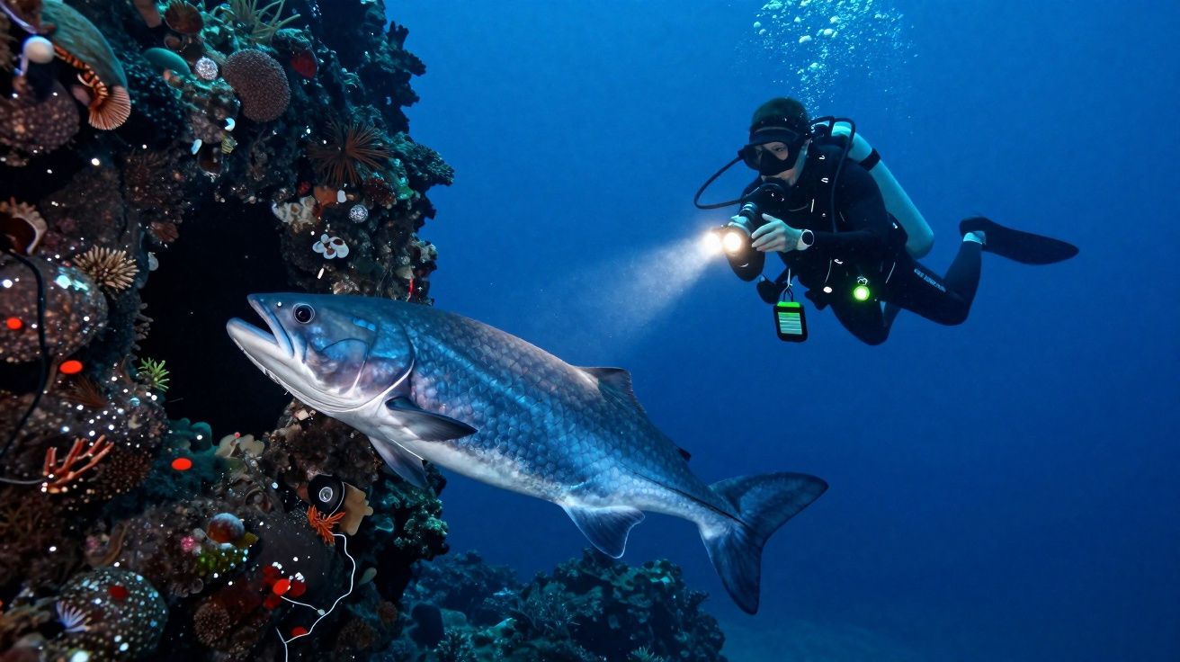 Taucher mit Lampe beobachtet großen Fisch nahe buntem Korallenriff im klaren blauen Wasser.
