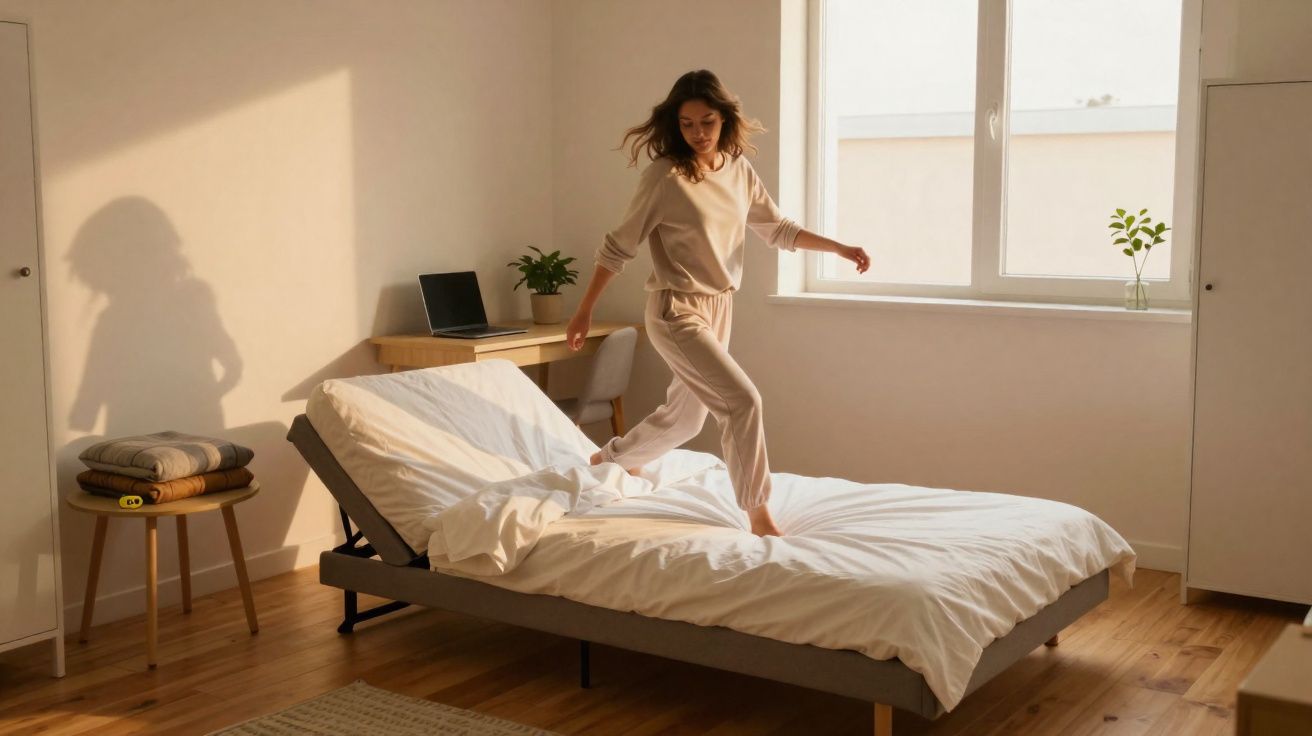 Frau springt fröhlich auf einem ungemachten Bett in einem hellen, minimalistisch eingerichteten Schlafzimmer.