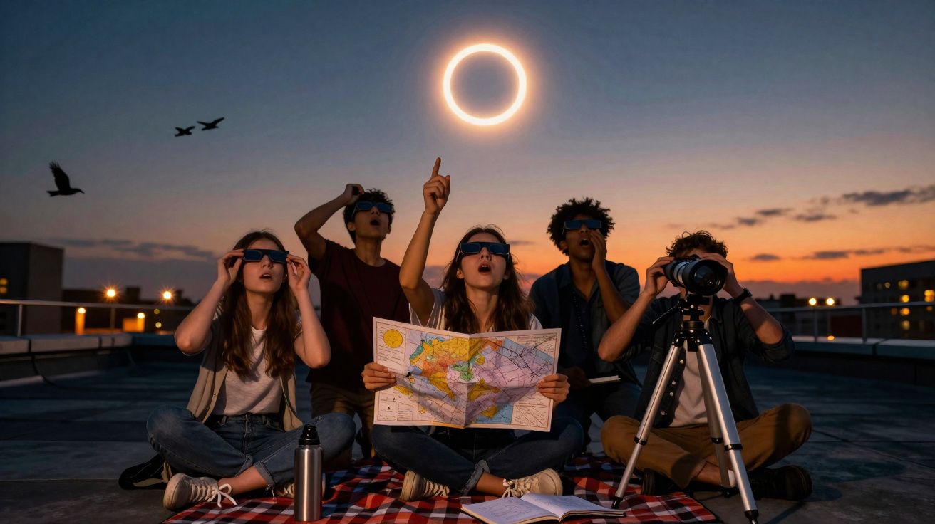 Fünf Personen mit Schutzbrillen beobachten eine Sonnenfinsternis bei Sonnenuntergang auf einer Terrasse.