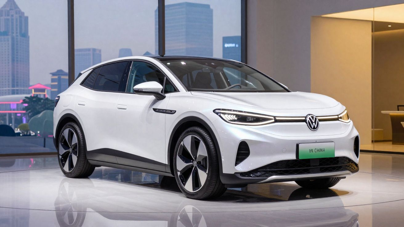 Weißer Volkswagen ID.5 Elektro-SUV in Innenraum mit Glasfenstern und Stadtblick bei Nacht.