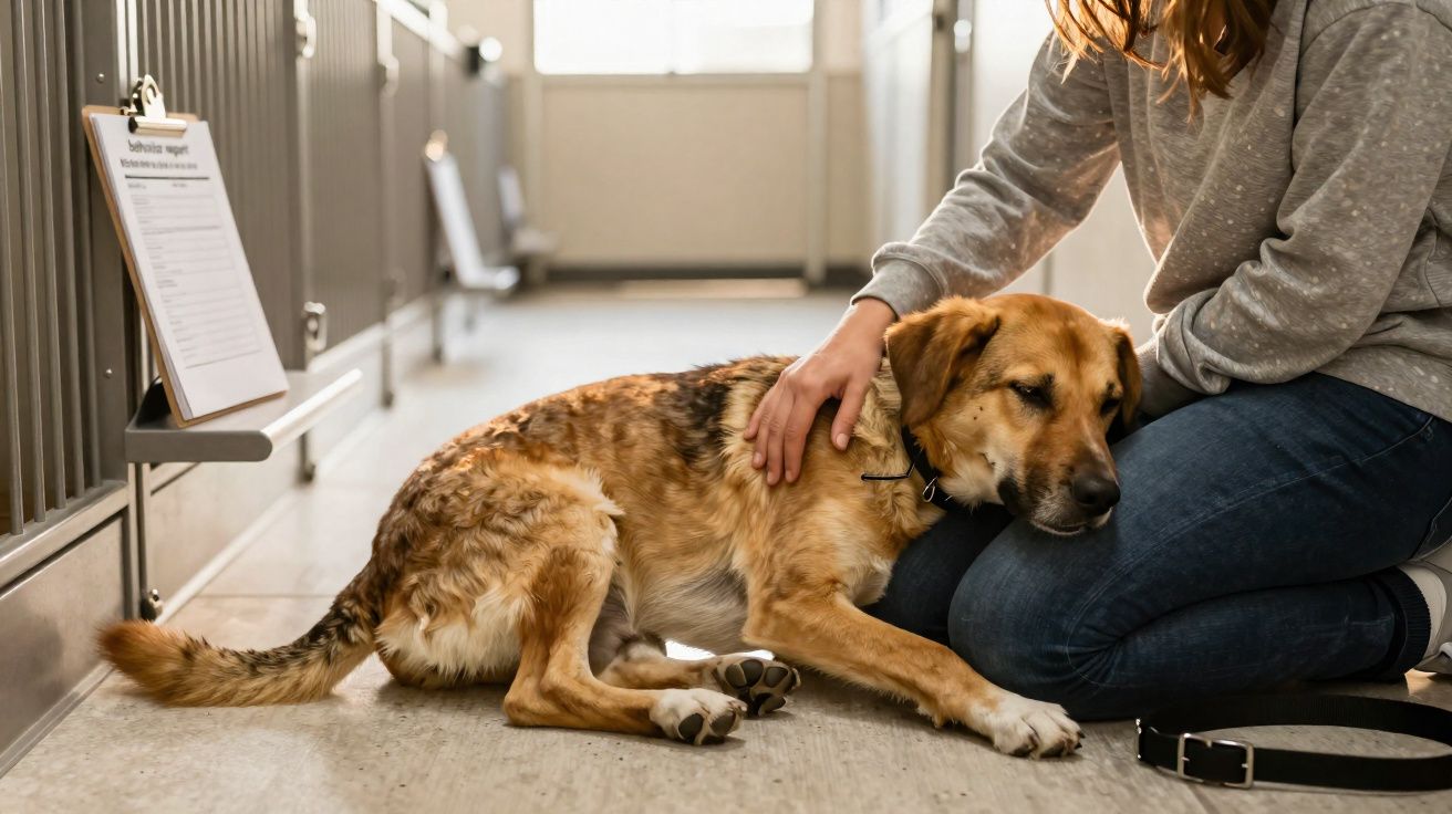 Frau kniet im Tierheim neben einem ruhenden Hund und streichelt ihn auf dem Boden.