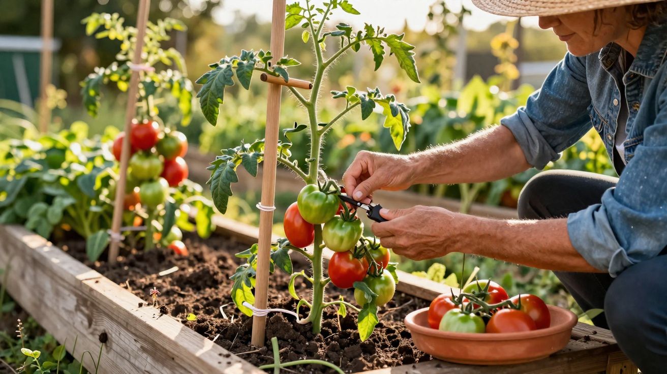 Frau erntet reife und grüne Tomaten in einem Hochbeet im Garten bei Sonnenlicht.