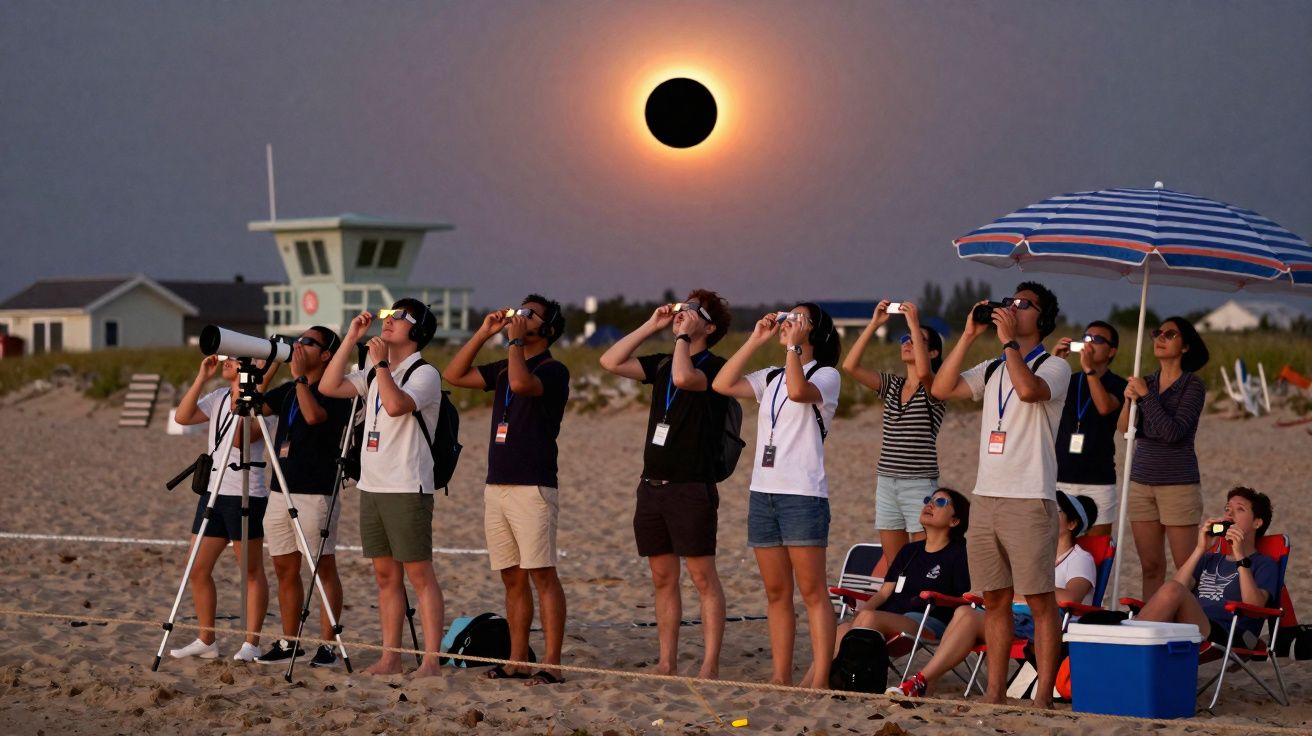 Menschen am Strand beobachten eine Sonnenfinsternis mit Schutzbrillen und Teleskop bei Abenddämmerung.