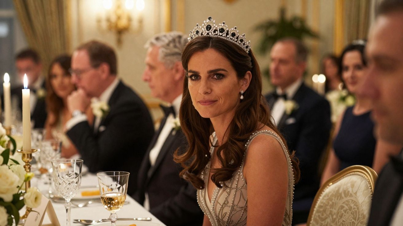 Elegante Frau mit Tiara sitzt bei formellem Abendessen in festlich dekoriertem Raum mit Kerzenlicht.