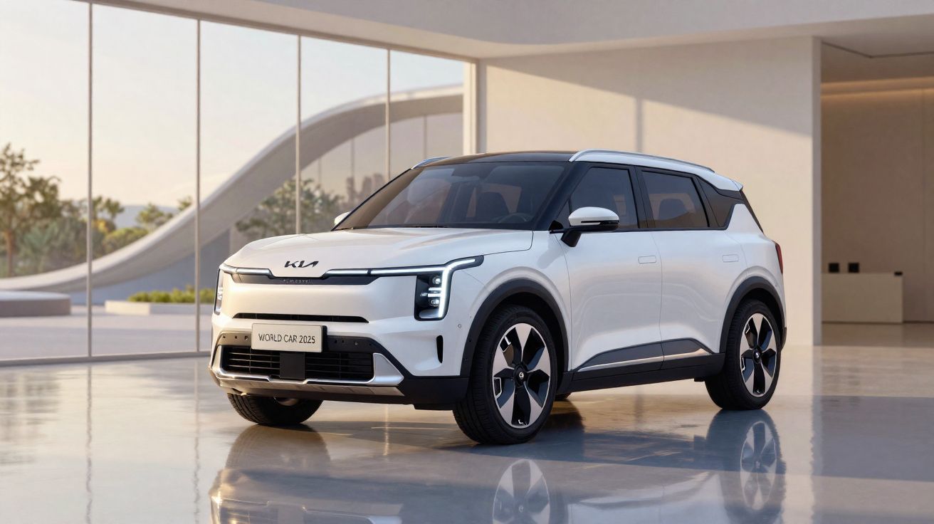 Weißes Kia SUV Modell 2025 in modernem, lichtdurchflutetem Showroom mit großflächigen Fenstern.