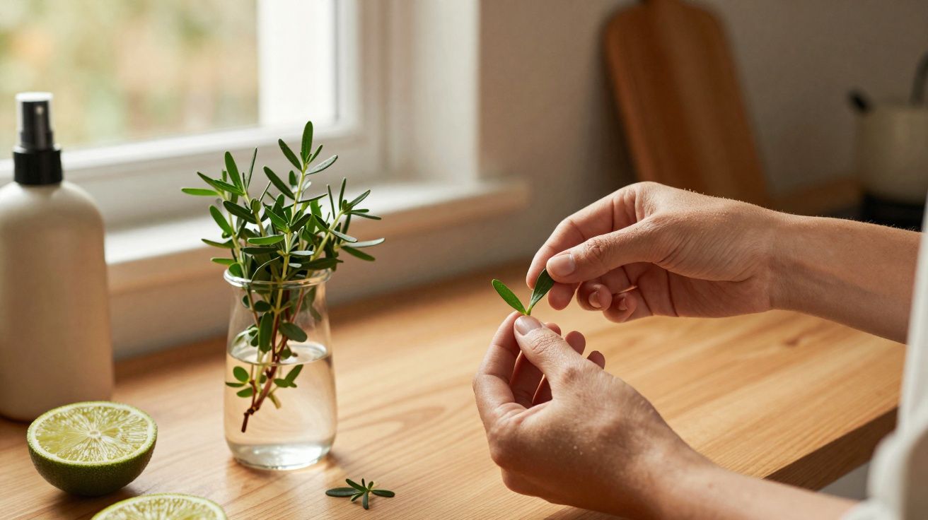 Zwei Hände halten frische grüne Blätter, daneben Limettenhälften und ein Glas mit Pflanzzweigen auf Holztisch.