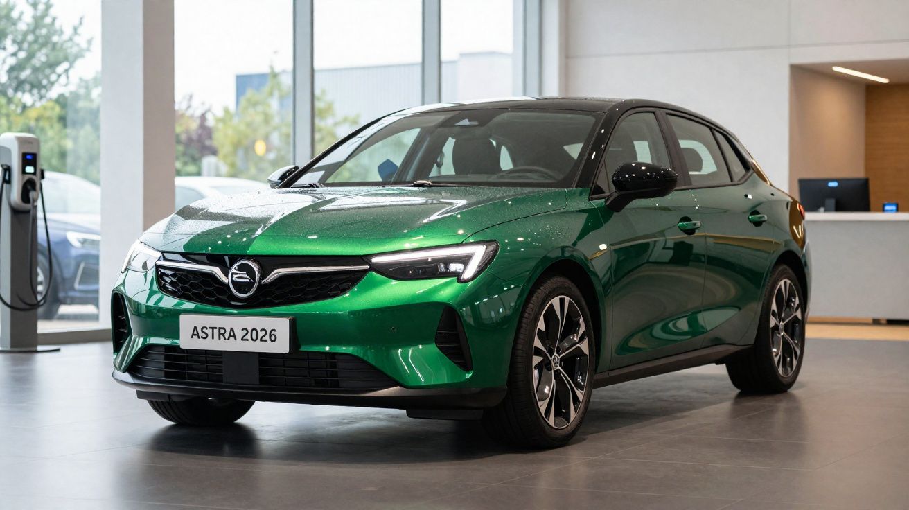 Grüner Opel Astra 2026 in einem Autohaus mit moderner Ladestation im Hintergrund.