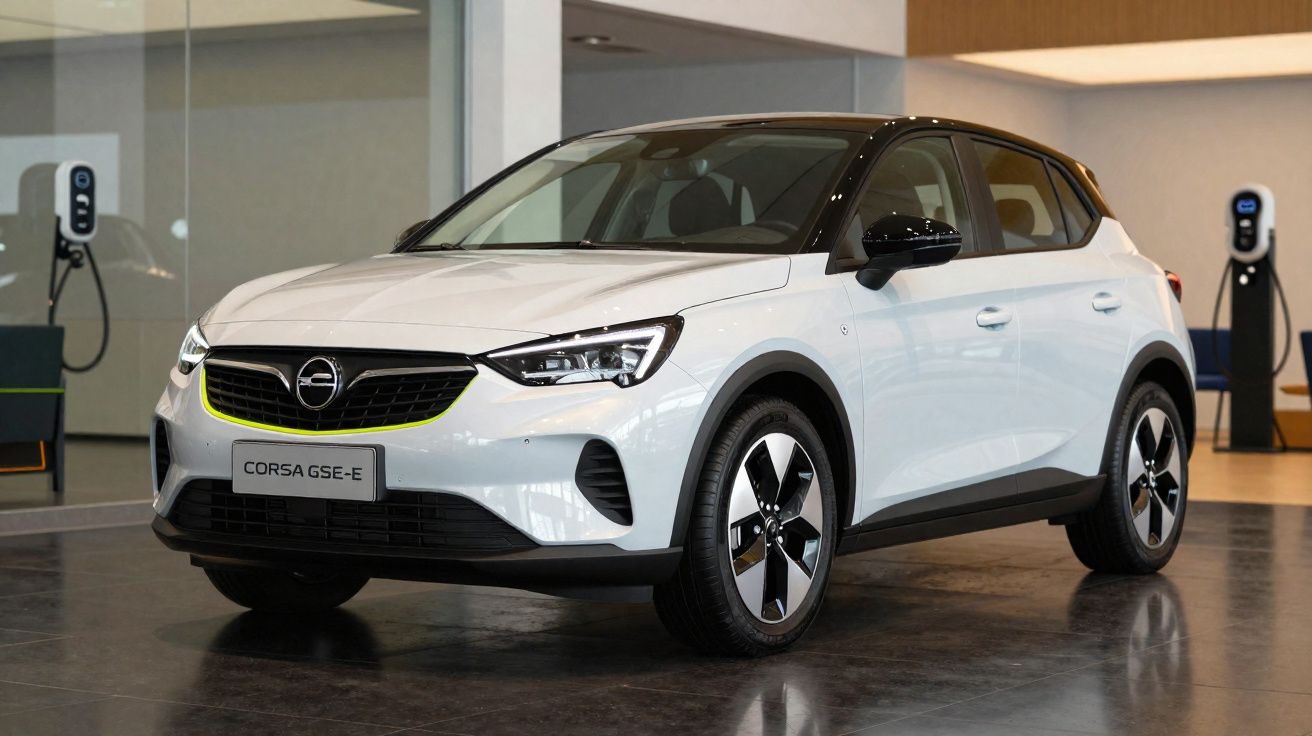 Weißer Opel Corsa GSE-E Elektroauto in einem Showroom neben Ladestationen.