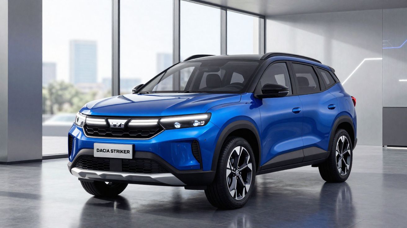 Blauer Dacia Striker SUV in modernem, hellen Raum mit großen Fenstern und Stadtblick.