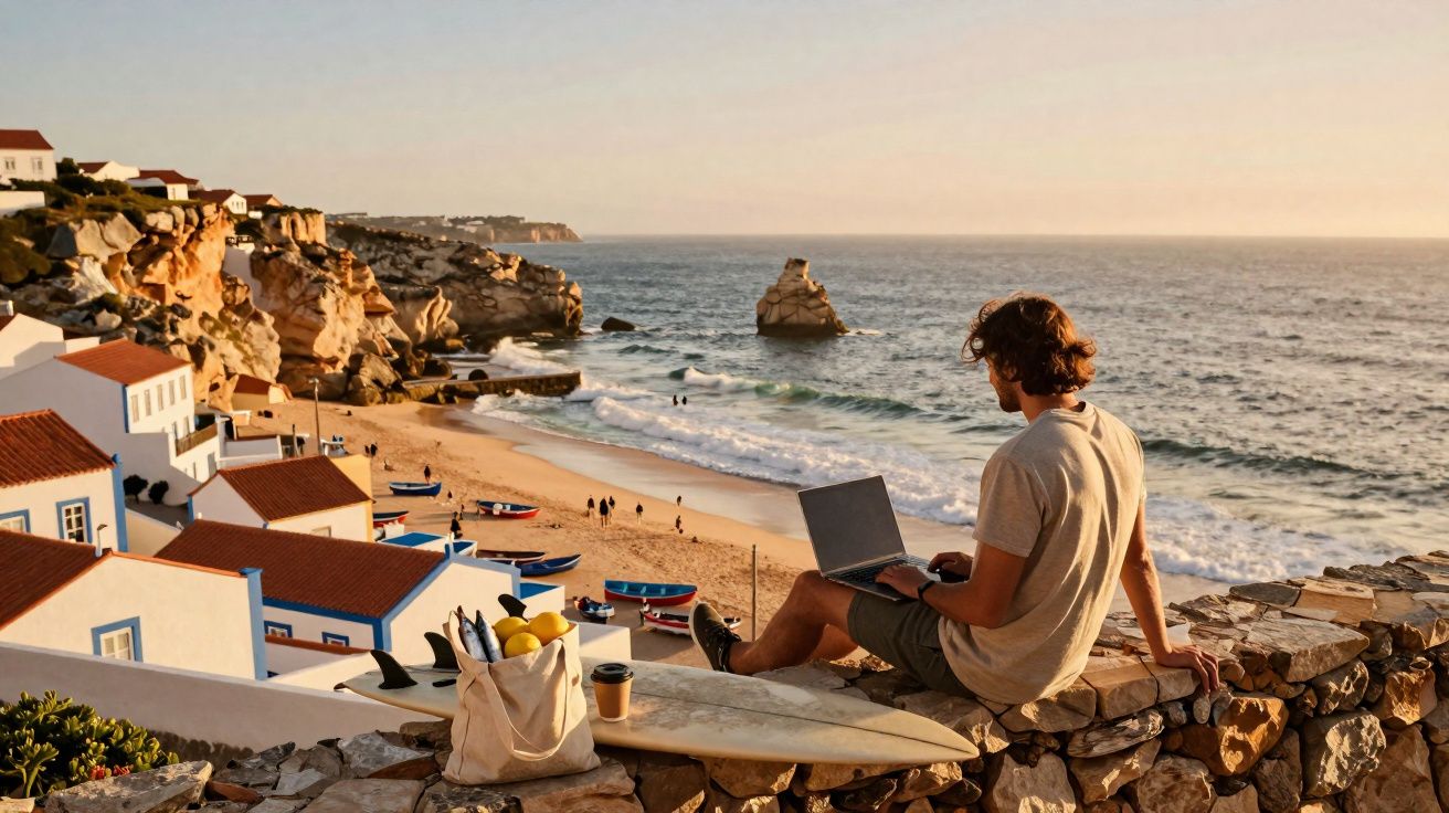 Mann arbeitet am Laptop auf einer Steinmauer mit Blick auf Strand, Meer und Felsen im Sonnenuntergang.