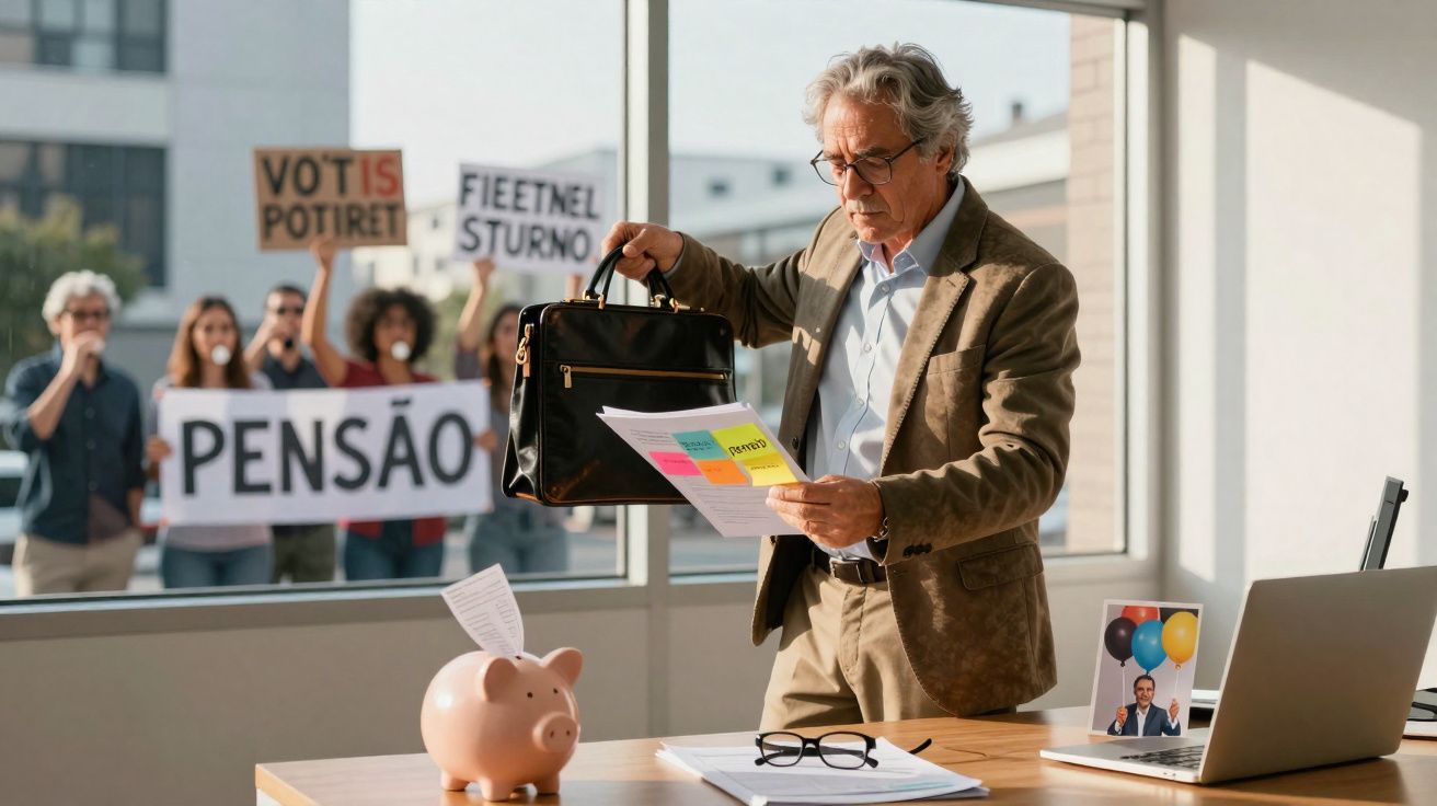 Älterer Mann im Büro liest Dokument vor, im Hintergrund demonstrieren Menschen mit Protestschildern durch Fenster.