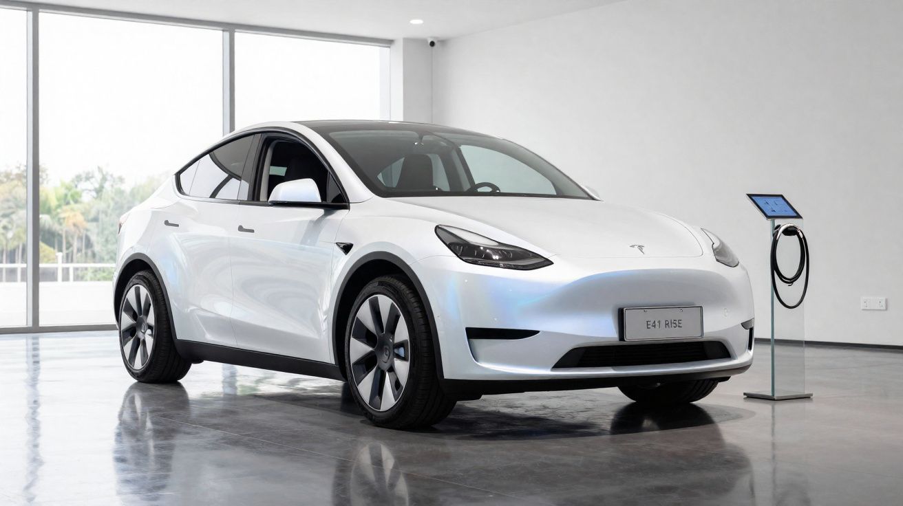 Weißes Tesla Model Y Elektroauto in hellem Innenraum neben Ladestation mit Display und Kabel.