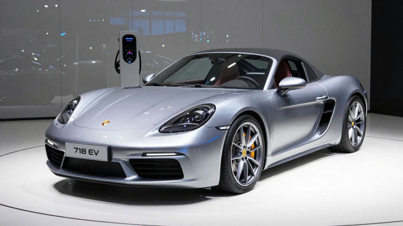 Silberner Porsche 718 EV Sportwagen an Ladestation in moderner Ausstellungshalle.