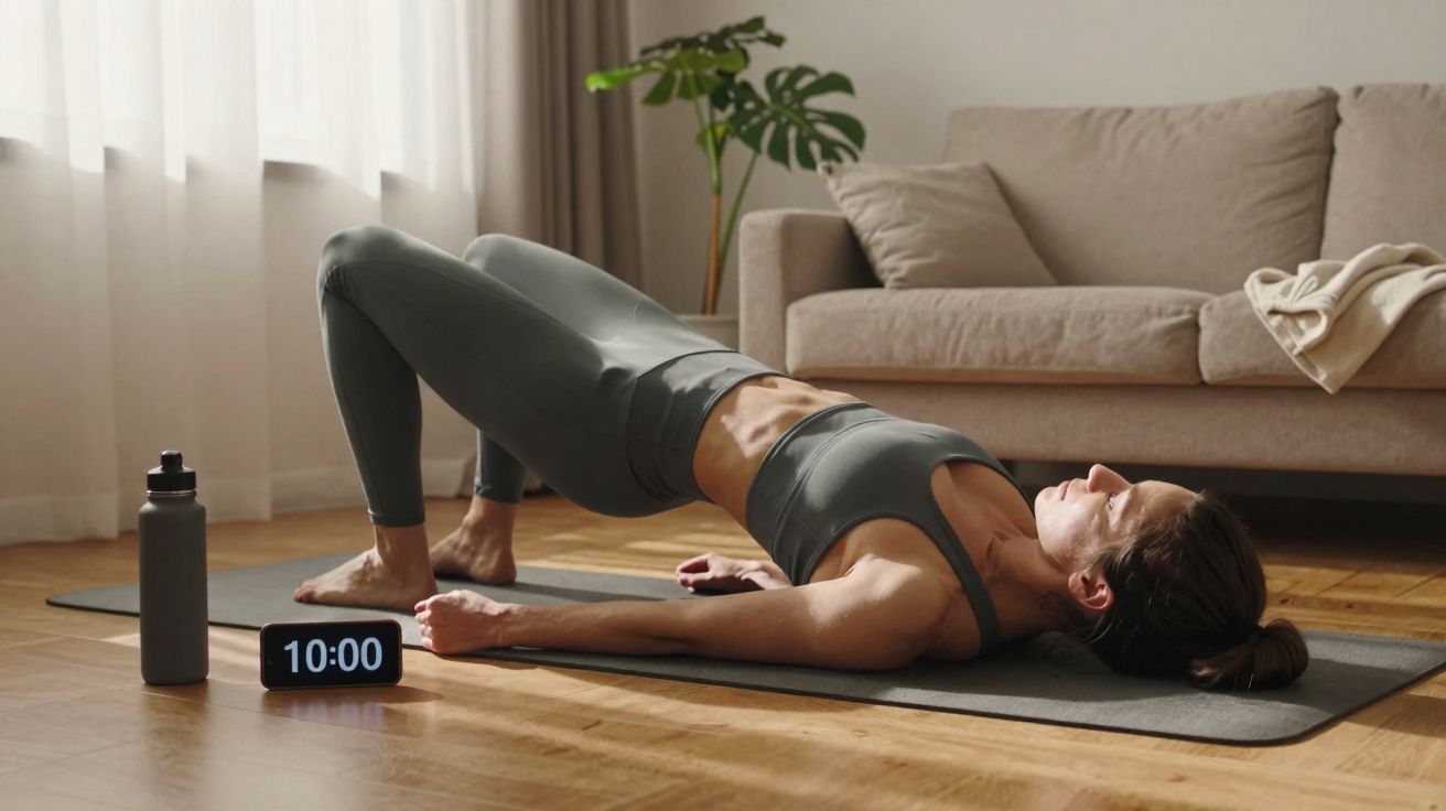 Frau macht Rückenbrücke auf Fitnessmatte im Wohnzimmer mit Wasserflasche und Timer neben ihr.
