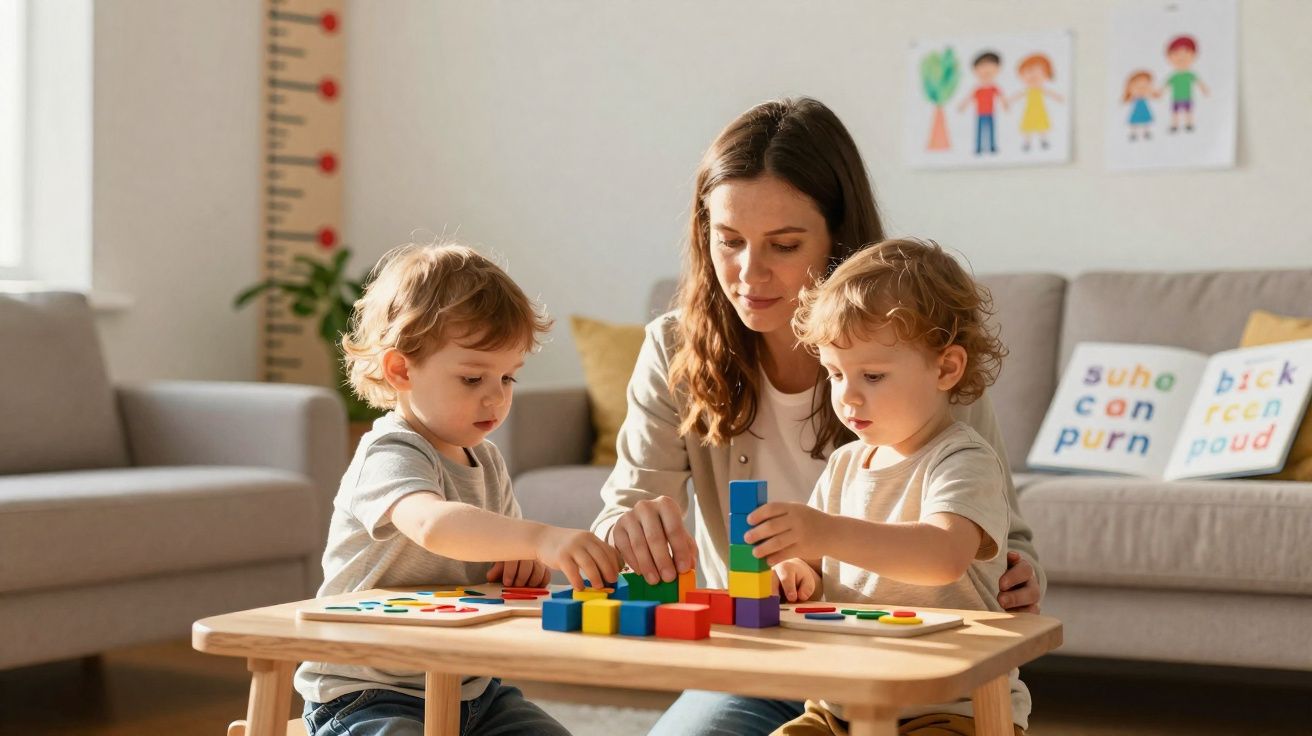 Frau spielt mit zwei Kleinkindern mit bunten Bauklötzen an einem Holztisch im Wohnzimmer.