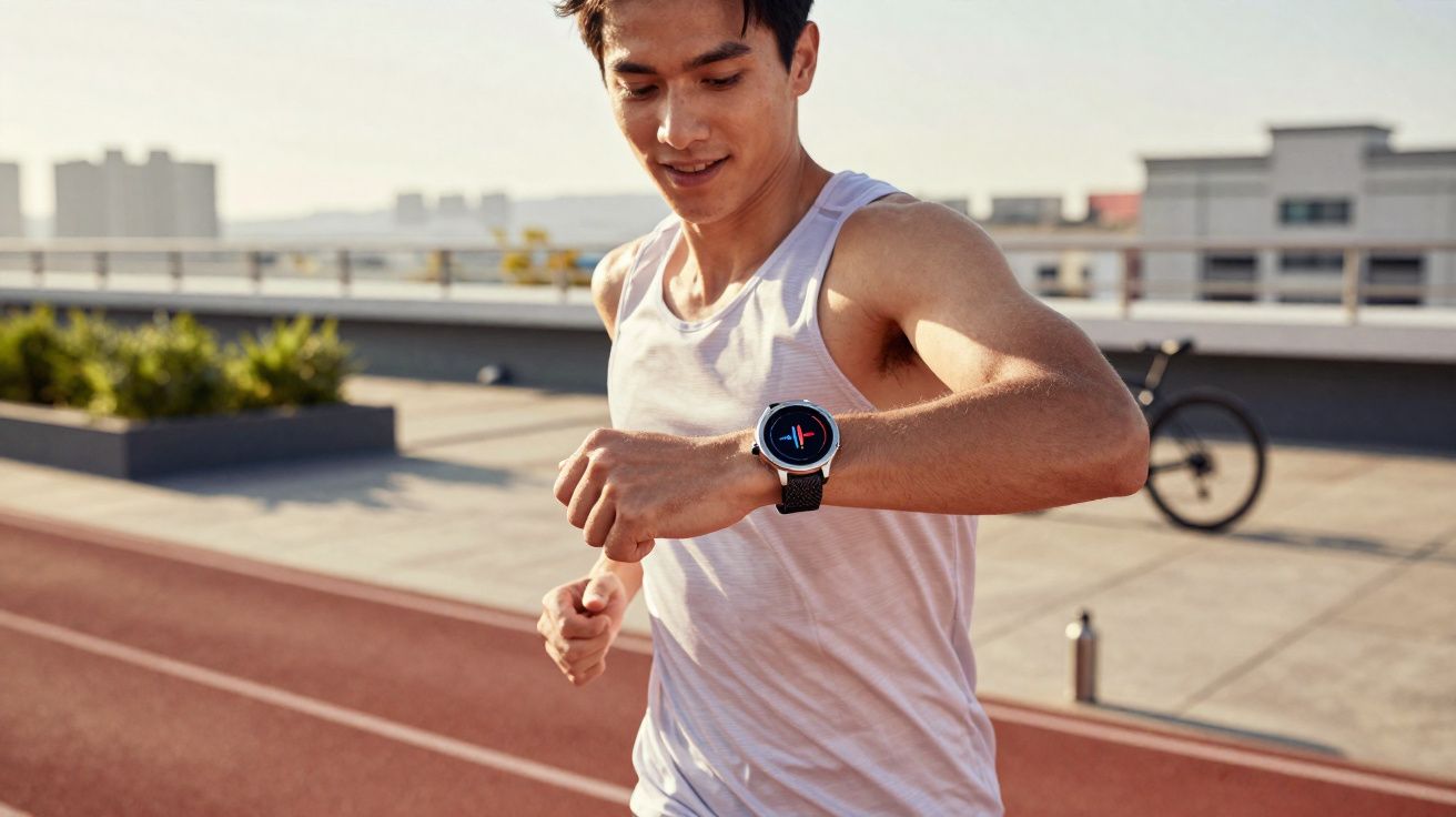 Junger Mann joggt auf einer Laufbahn und schaut auf seine Smartwatch am Handgelenk.