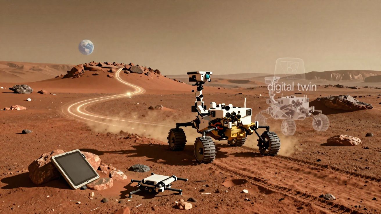 Marslandschaft mit Rover, digitalem Zwilling, Drohne, Tablet und Erde am Horizont.
