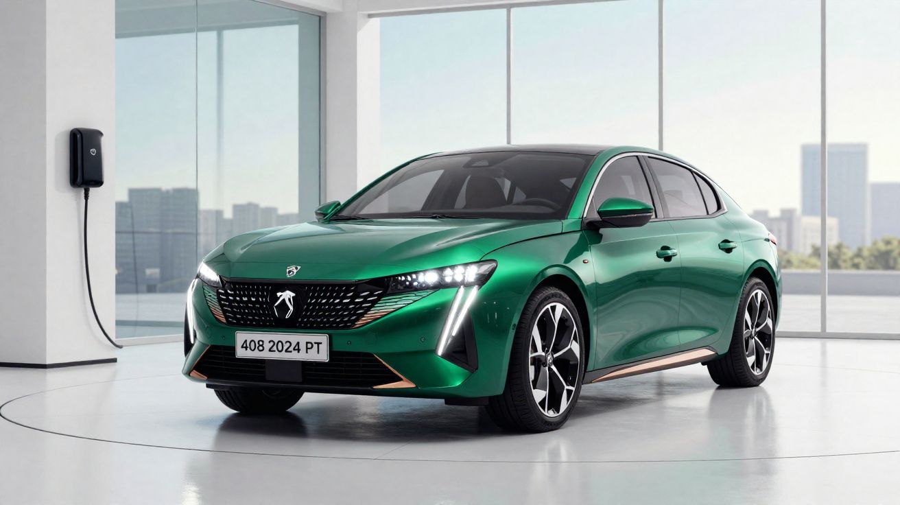 Grüner elektrischer Peugeot 408, der in einem modernen Raum an einer Ladestation aufgeladen wird.