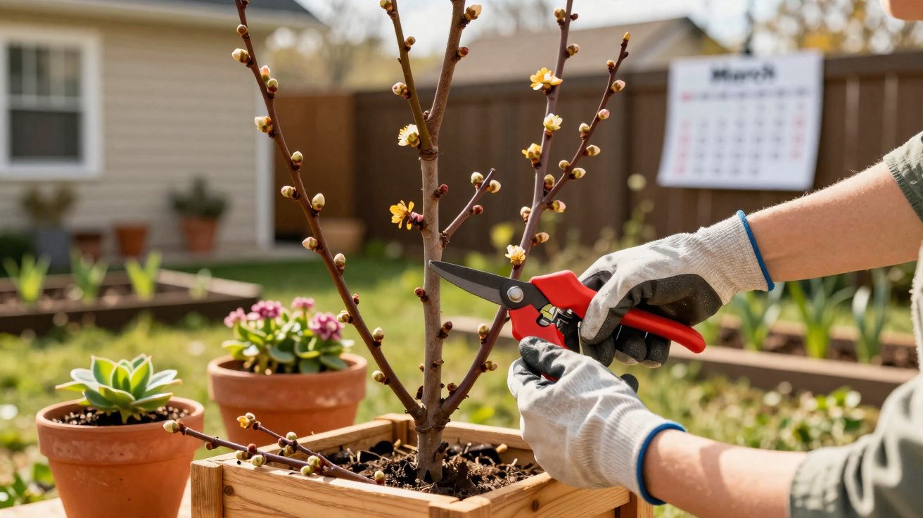 Person mit Handschuhen schneidet Zweige einer blühenden Zimmerpflanze im Holztopf in sonnigem Garten.