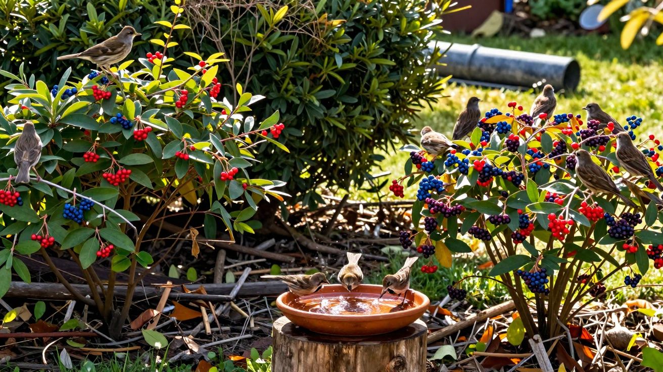 Vögel trinken aus einer Schale im Garten, umgeben von Sträuchern mit roten und blauen Beeren.