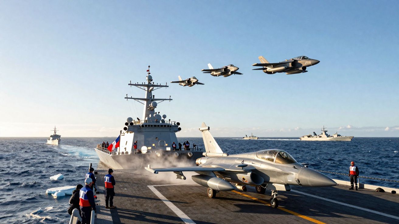 Kampfjet startet von Flugdeck eines Kriegsschiffs, weitere Jets fliegen im Formationsflug über offenem Meer.