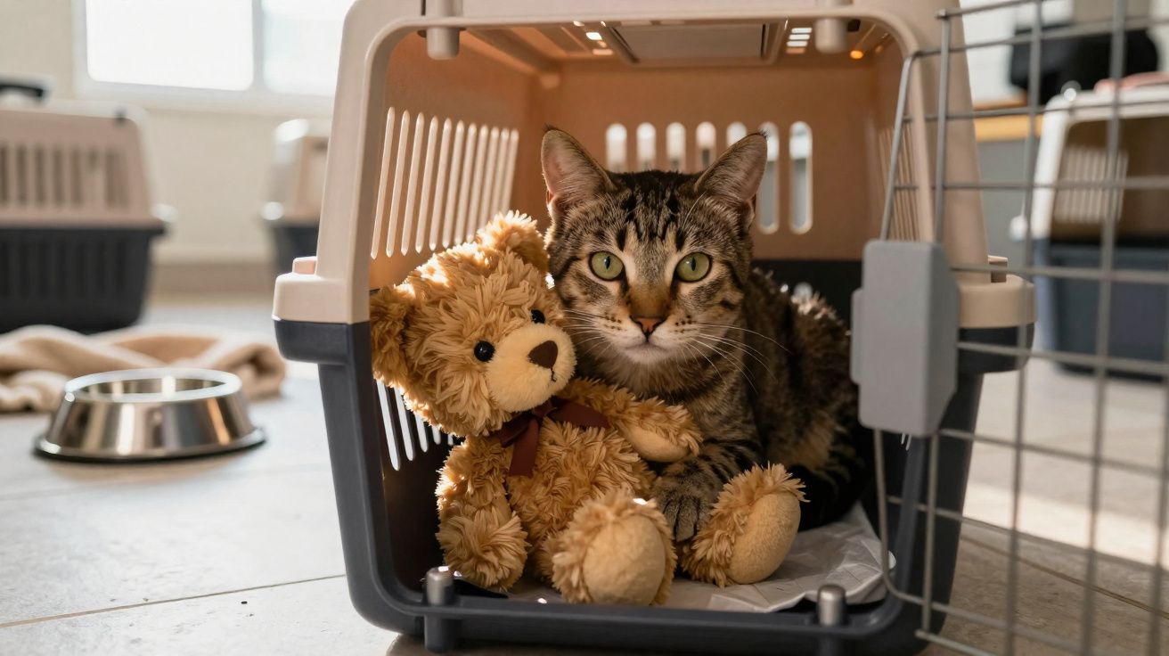 Getigerte Katze kuschelt mit Teddybär in einem offenen Transportkäfig auf dem Boden.