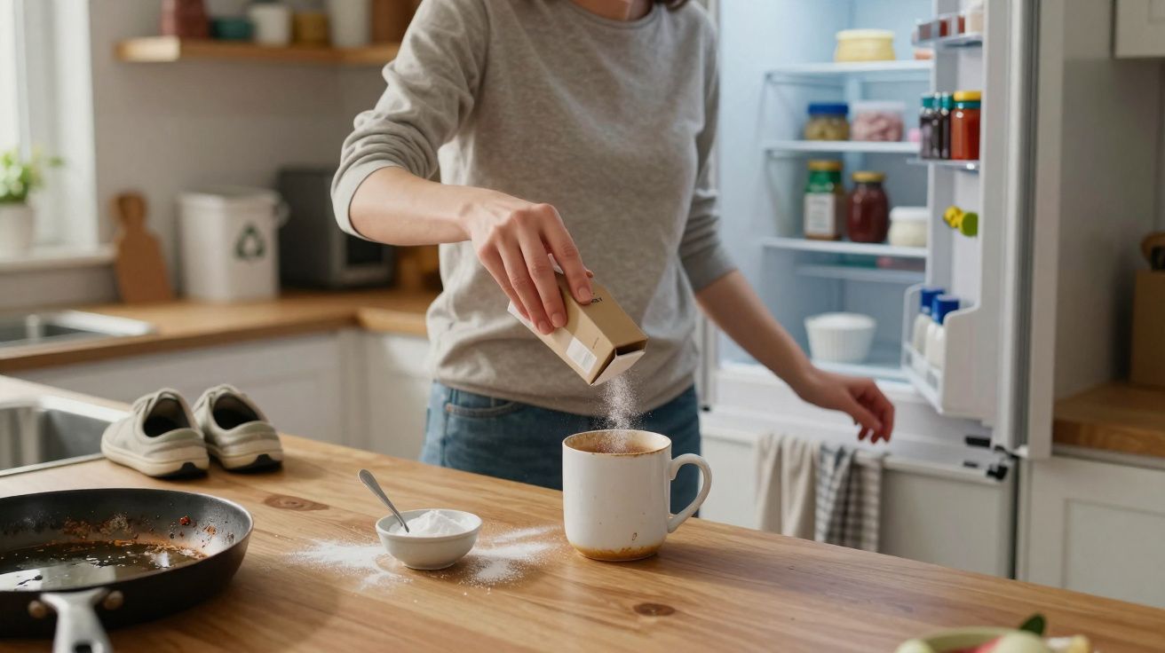 Frau streut Zucker in eine Tasse Kaffee in einer hellen Küche mit offenem Kühlschrank.