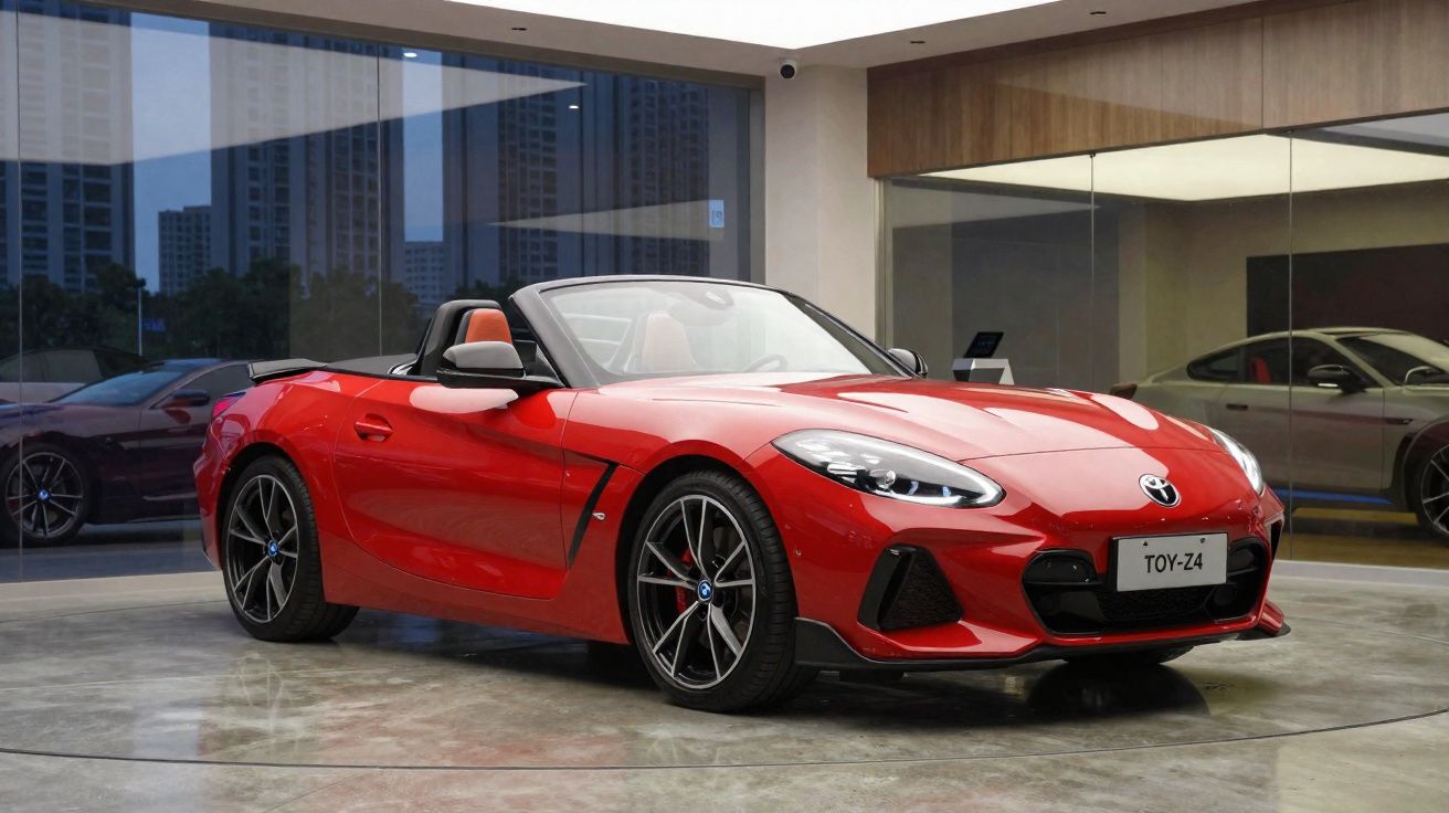 Roter Toyota Z4 Roadster in moderner Ausstellung mit Glasfront und Innenraumbeleuchtung.
