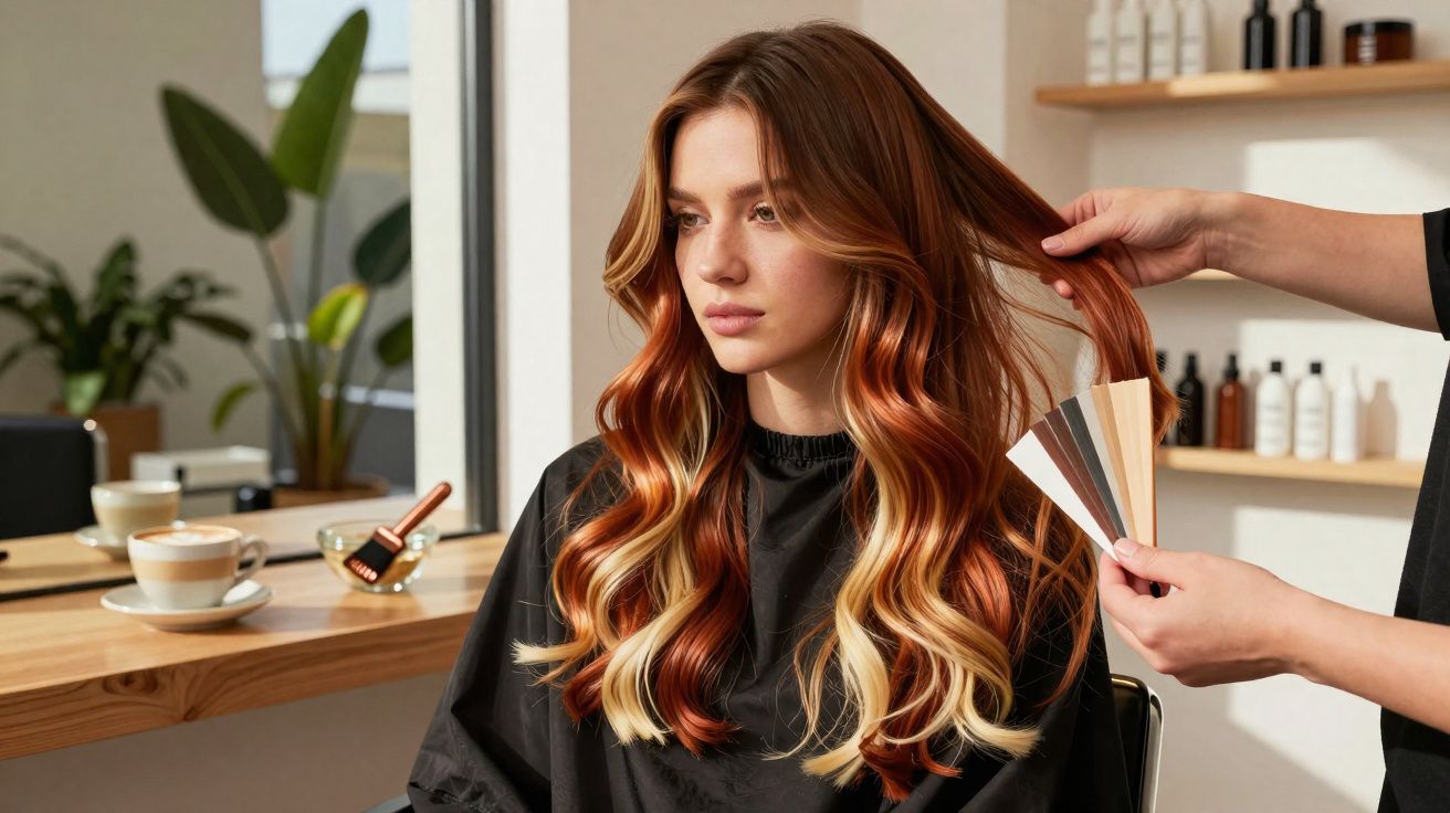 Frau mit langem, gewelltem Haar im Friseursalon, Haarfarbe wird mit Farbpalette verglichen.